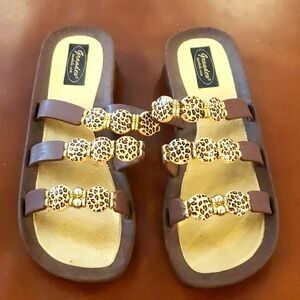 Grandco Sandals, brown with gold and leopard embellishment, size 9